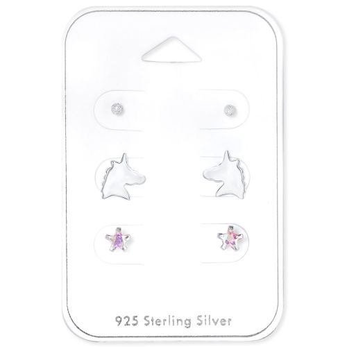 Unicorn 925 Sterling Silver Mixed Ear Stud Set