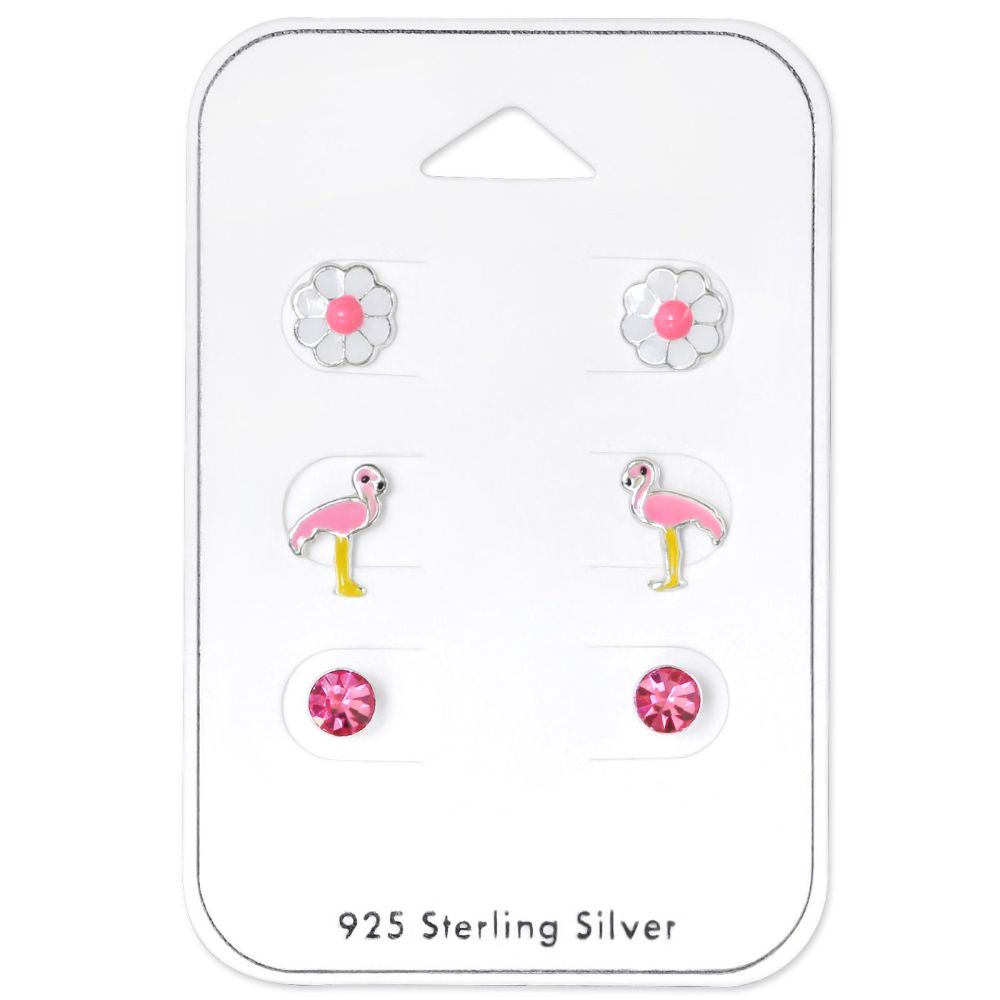 Sterling Silver Mixed Pink Flamingo Carded Stud Earrings Set