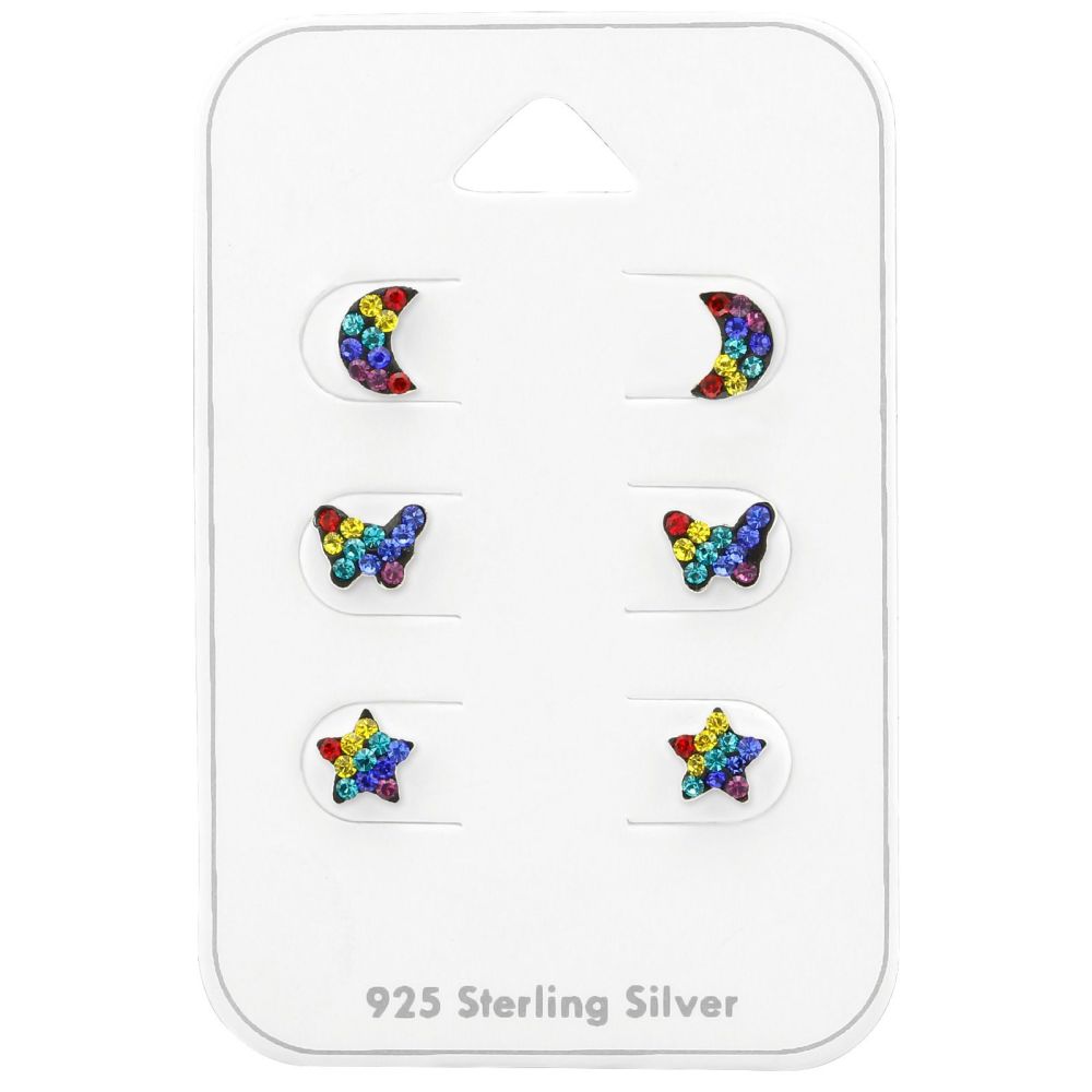 Sterling Silver Mixed Multi Crystal Carded Stud Earrings Set