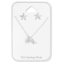 Children's Dolphin & Starfish 925 Sterling Silver Earrings & Necklace Jewellery Set