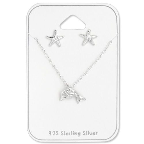 Sterling Silver Dolphin Pendant Necklace & Starfish Stud Earrings Set