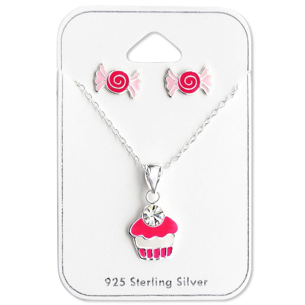 Children's Sterling Silver Cupcake Necklace Set