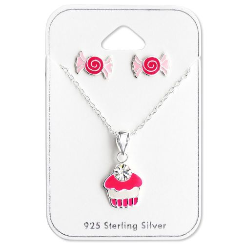 Sterling Silver Pink Cupcake Pendant Necklace & Candy Stud Earrings Set