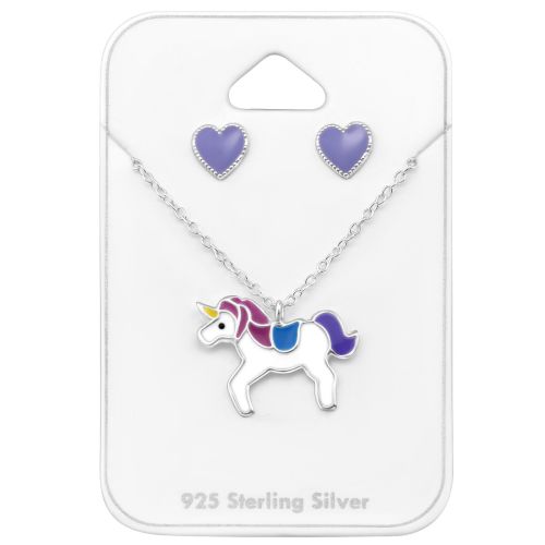 Sterling Silver Unicorn Pendant Necklace & Purple Heart Stud Earrings Set