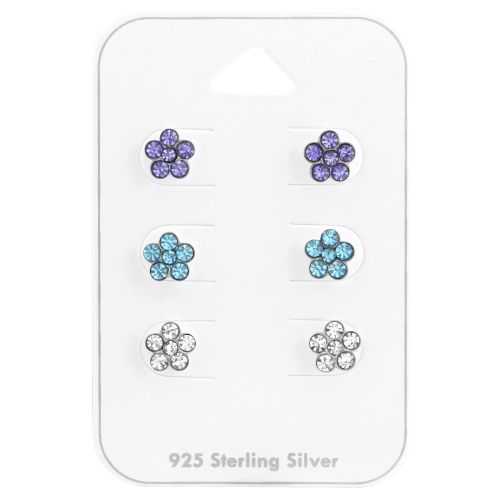 Sterling Silver Multi Crystal Flower Carded Stud Earrings Set