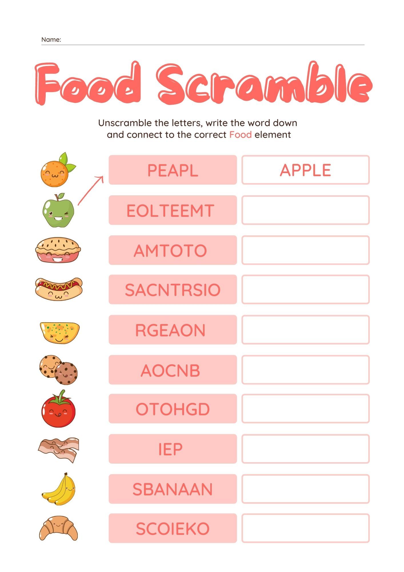 Food scramble words work sheet pdf download