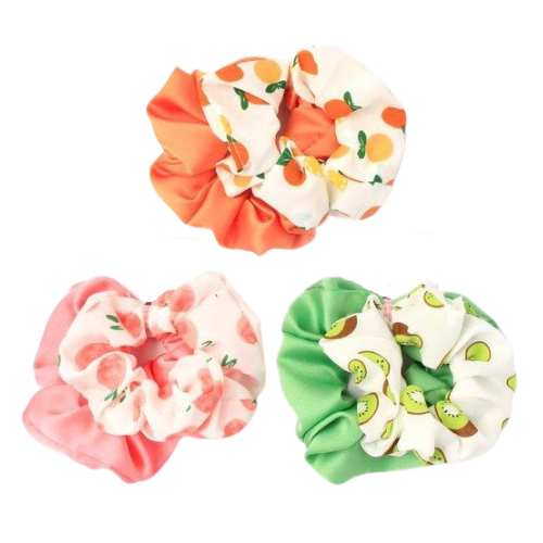 Pack of 2 Assorted Satin & Fruit Printed Hair Scrunchies 