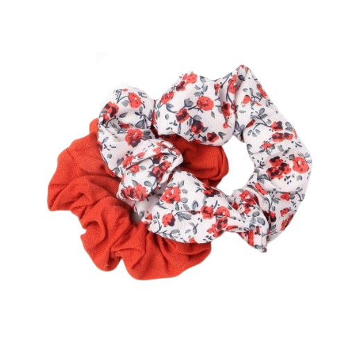 Girls Assorted Plain & Floral Printed Hair Scrunchies - Pack of 2