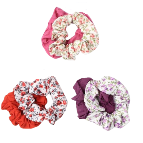 Pack of 2 Assorted Plain & Floral Printed Hair Scrunchies