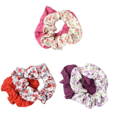 Pack of 2 Assorted Plain & Floral Printed Hair Scrunchies 