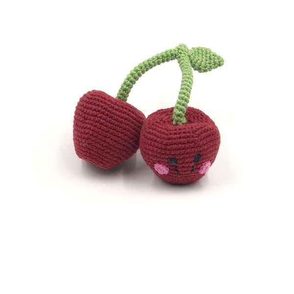 Pebble Toys | Hand Knitted Fairtrade Red Cherries Crotchet Fruit Rattle Toy