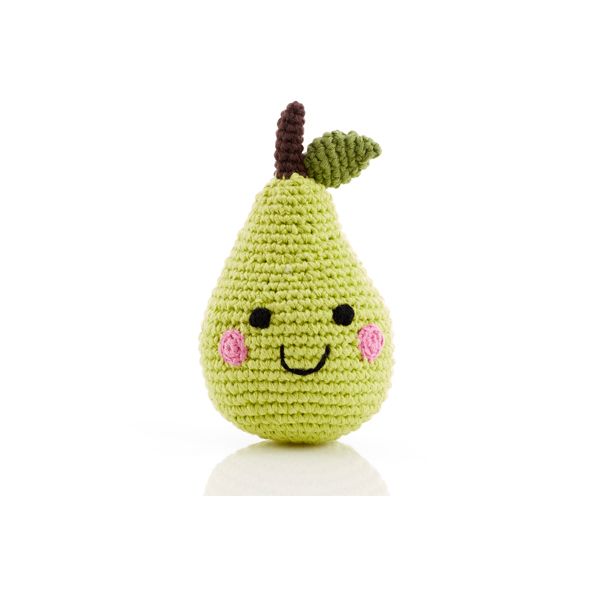 Pebble Toys | Hand Knitted Fairtrade Green Pear Fruit Crotchet Rattle Toy