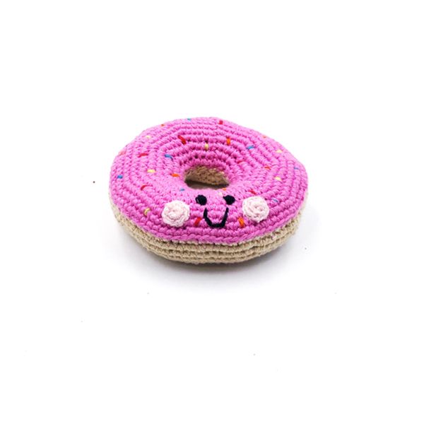 Pebble Toys | Hand Knitted Fairtrade Pink Doughnut Crotchet Rattle Toy