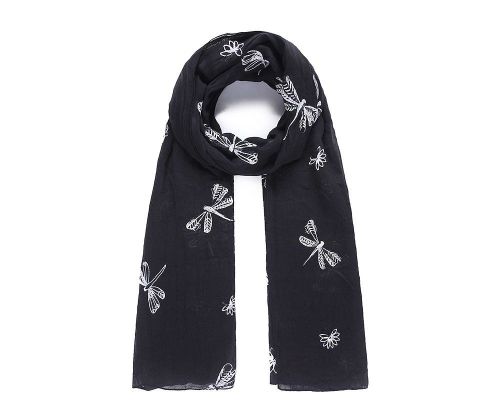 Intrigue | Womens Black Dragonfly Embroidered Long Scarf