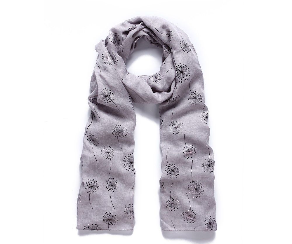 Intrigue | Womens Grey Dandelion Metallic Foil Printed Long Scarf