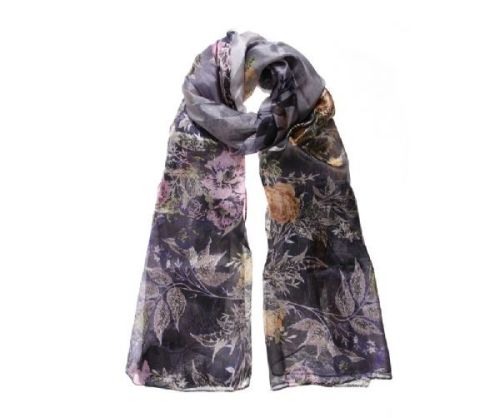 Intrigue | Womens Grey Multi Floral Blossom Printed Long Silk Scarf