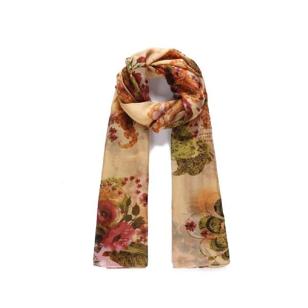 Brown Floral Printed Long Silk Scarf | Intrigue