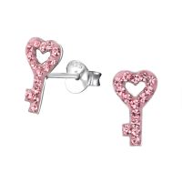 Sterling Silver Key Heart Pink Crystal Stud Earrings