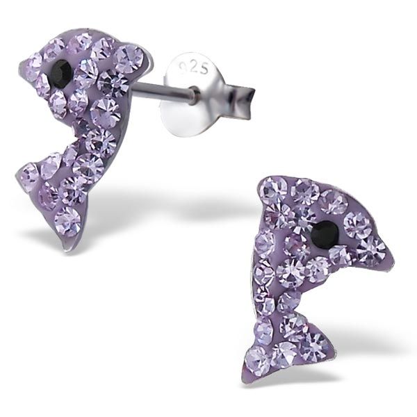 Girls Sterling Silver Violet Crystal Dolphin Ear Studs