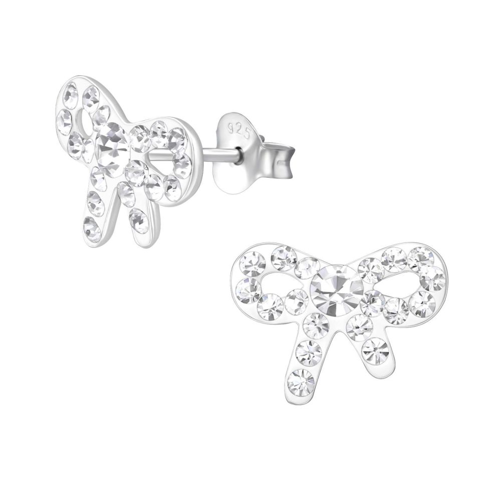 Girls Silver Crystal Bow Ear Studs