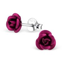 Sterling Silver Dark Pink Rosebud Stud Earrings