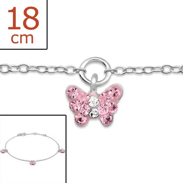 Sterling Silver Rose Pink Crystal Butterfly Charm Bracelet