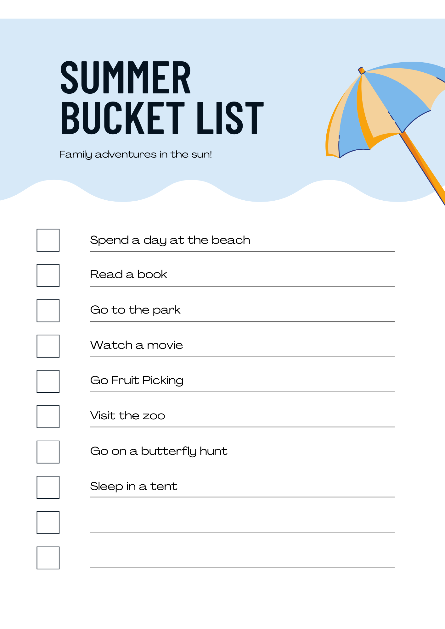 Summer Bucket List Work Sheet