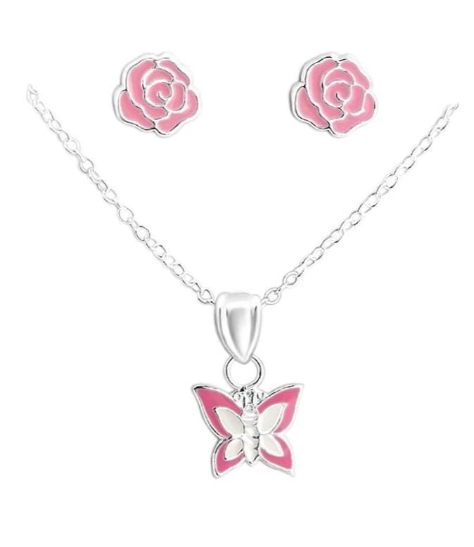 Sterling Silver Pink Butterfly Necklace & Rosebud Stud Earrings Set