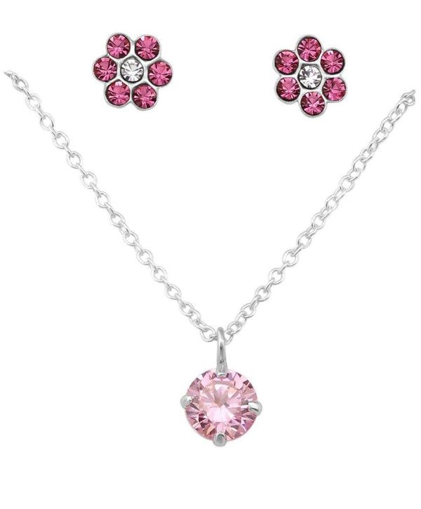 Sterling Silver Pink Crystal Pendant Necklace & Flower Stud Earrings Set