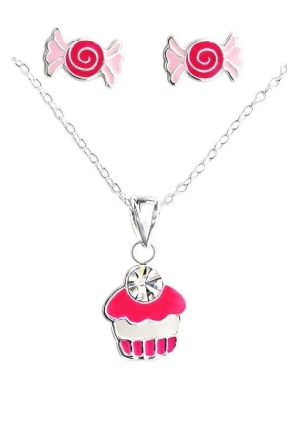 Sterling Silver Pink Cupcake Pendant Necklace & Candy Stud Earrings Set
