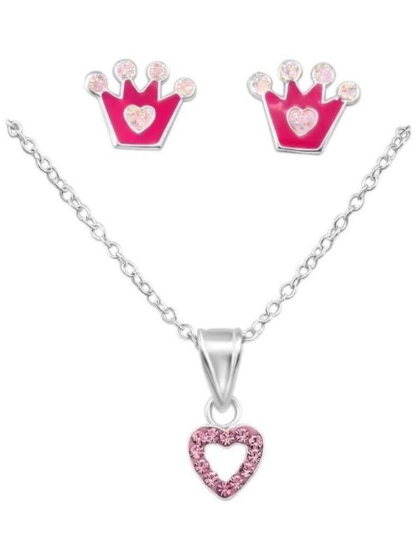 Sterling Silver Pink Crystal Heart Pendant Necklace & Princess Crown Stud Earrings Set