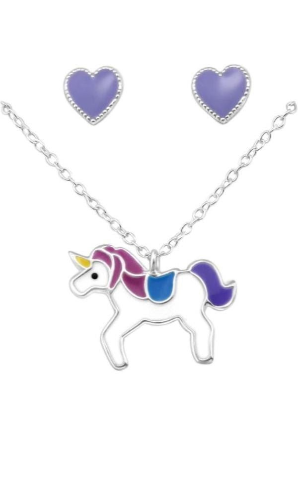 Sterling Silver Purple Unicorn Pendant Necklace & Heart Stud Earrings Set