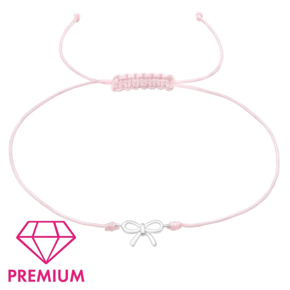 Sterling Silver Bow Charm Pink Nylon Cord Bracelet