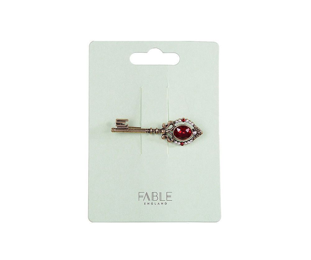 Fable England | Antique Key Pin Brooch in Gold with Red & Clear Crystals