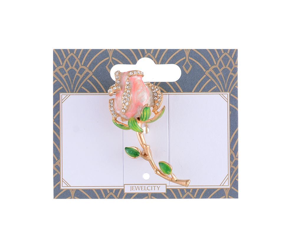 Womens Pink Rose on Stem Flower Pin Brooch