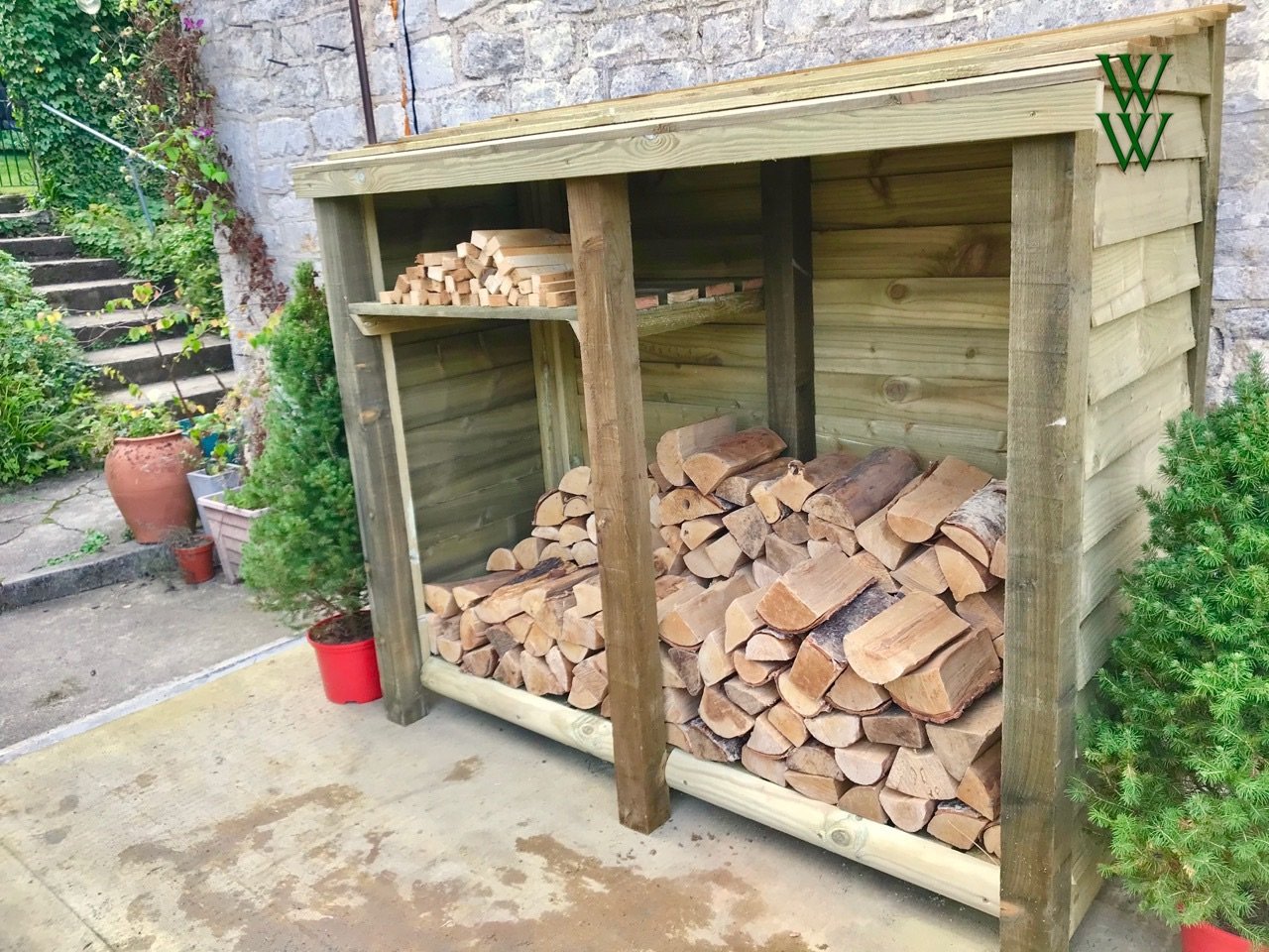 Selsley Log Store with kindling shelf from the Woodchester Worskshop