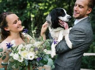 Whirlowbrook hall bride & groom with their dog