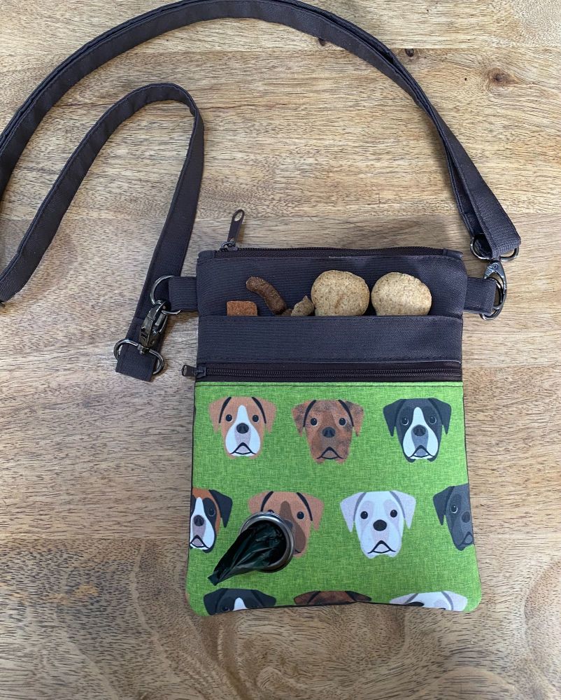 BOXER DOG WALKING BAG IN BROWN GREY BLUE OR BLACK WATERPROOF CANVAS CHOICE OF BOXER FABRIC