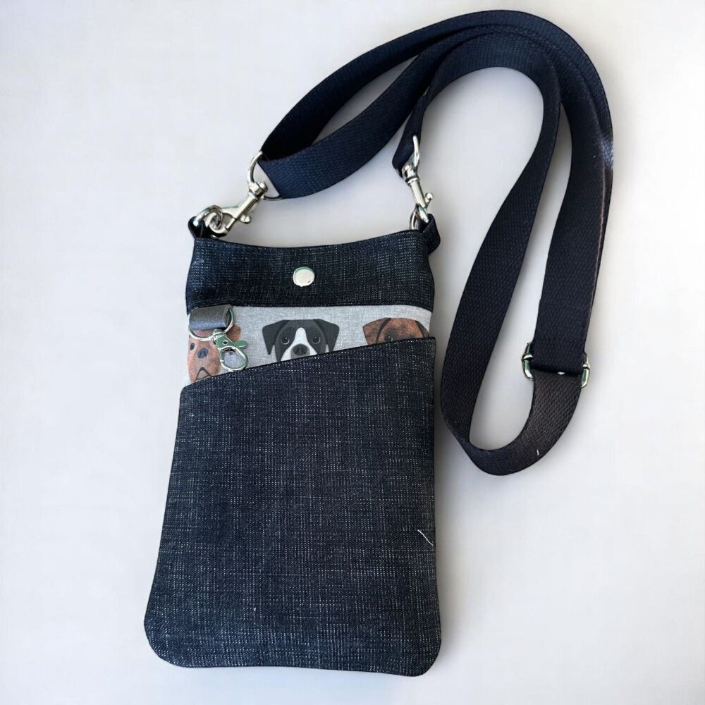 THE MINI PEEP BAG ~ BLACK DENIM WITH BOXER DOGS
