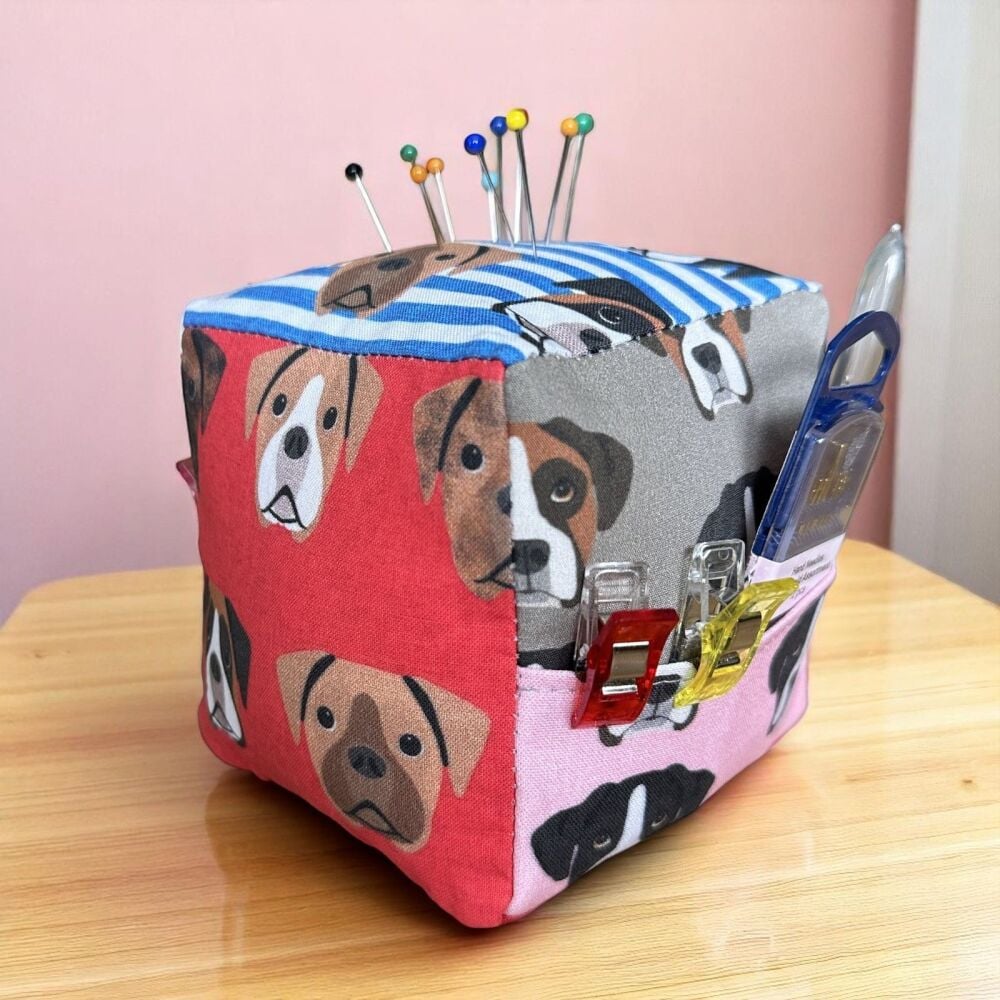 BOXER DOG CUBE PIN CUSHION WITH POCKETS