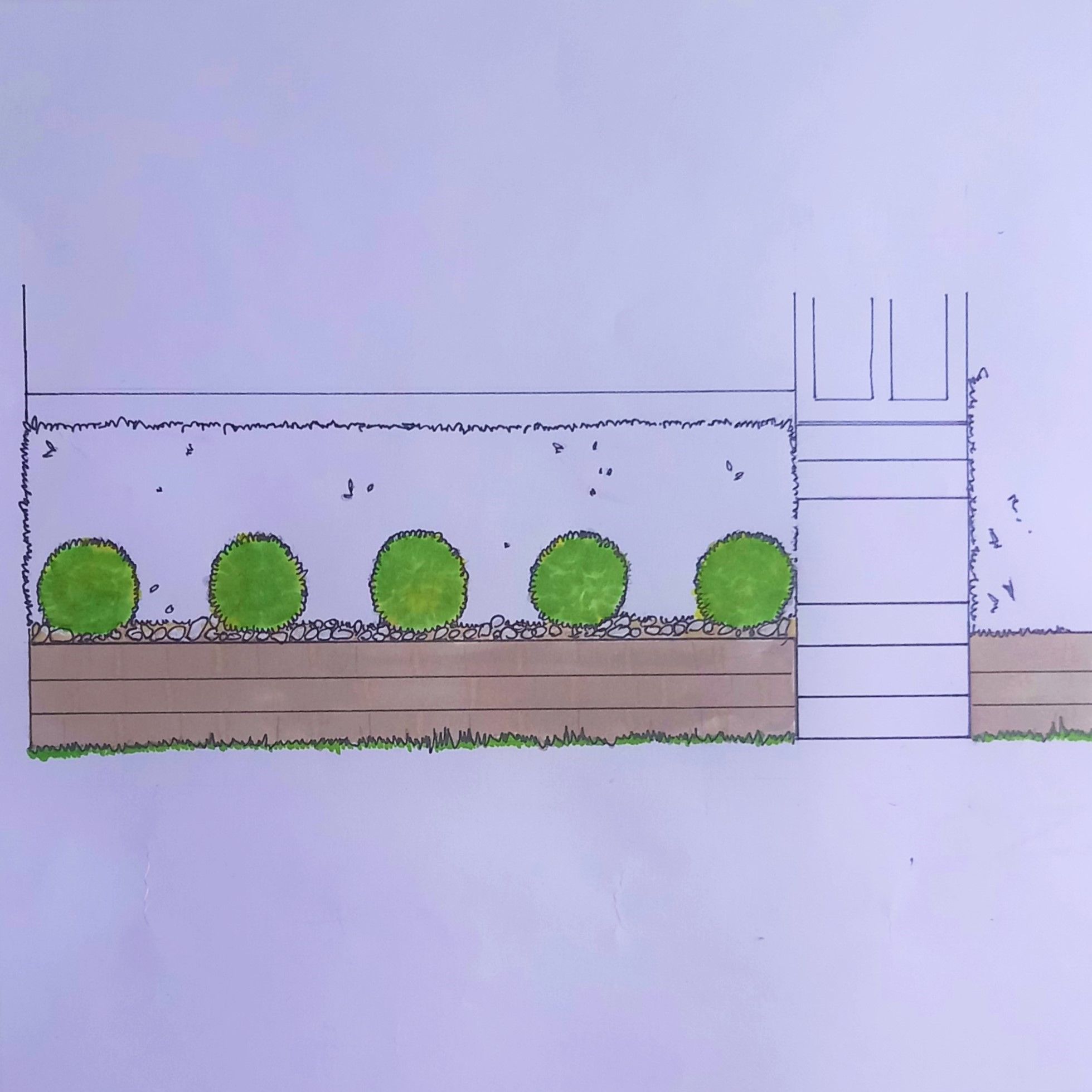 5 box balls with pebble mulch