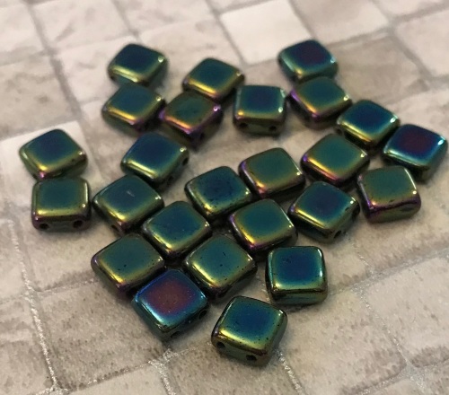 Jet Green Iris CzechMates Tile Beads 25 Pack