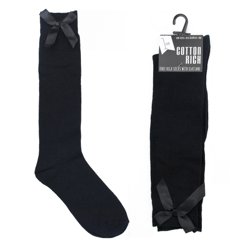 SK363, Girls knee high black socks with ribbon bow detail £9.60 a dozen ...