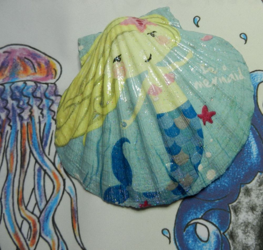 Mermaid Decoupaged Scallop Shell With Sparkle