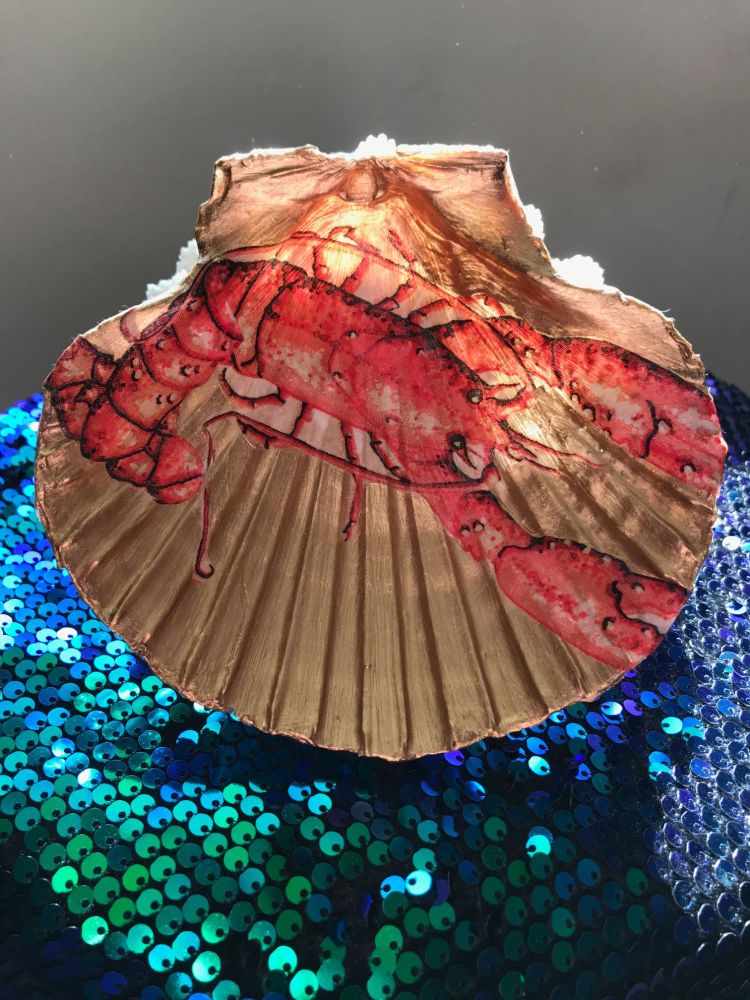 Lobster Decoupage on Scallop Shell with 3 Shell Feet