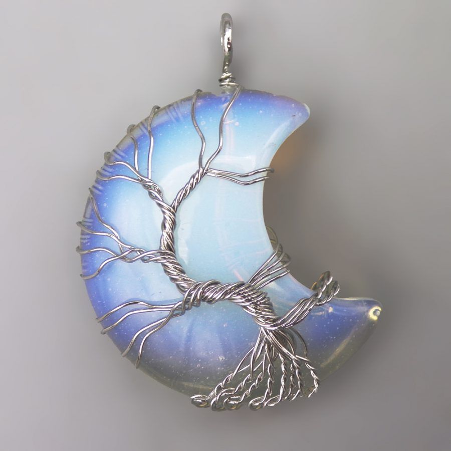 Opalite Moon Wire Wrapped Tree Of Life Pendant (Silver)