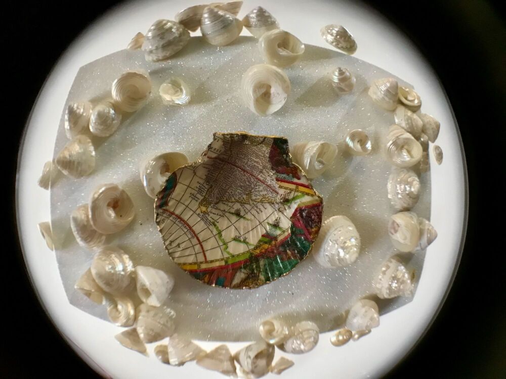 Small Lovely Scallop Shell with Coloured Old World Map and Gold Edging