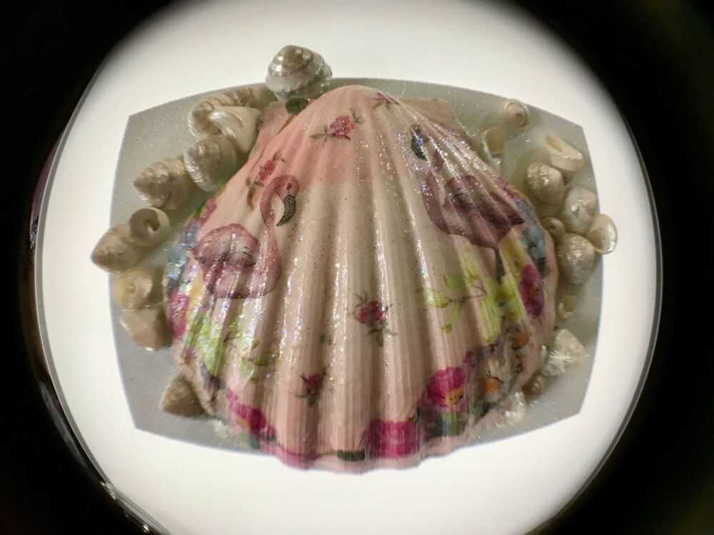 Beautiful Vintage Scallop Shell with Flamingos, Flowers and Sparkle