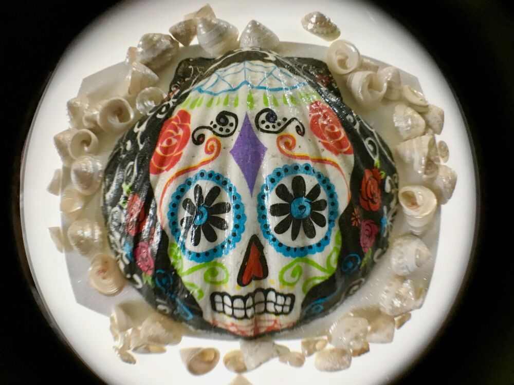 Scallop Shell with Mexican Skull, Flowers and Spooky Wood and Bats & Sparkle
