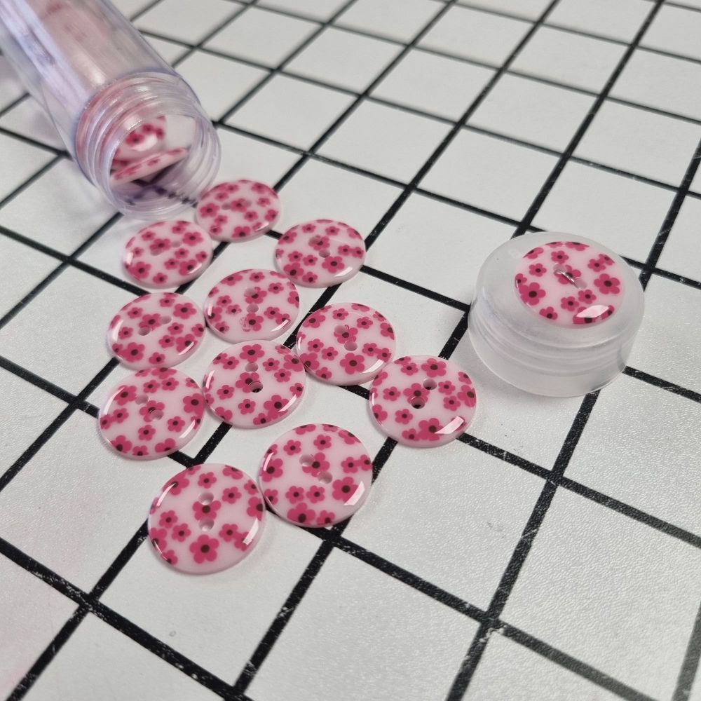 18mm Printed Flower Buttons - Pink